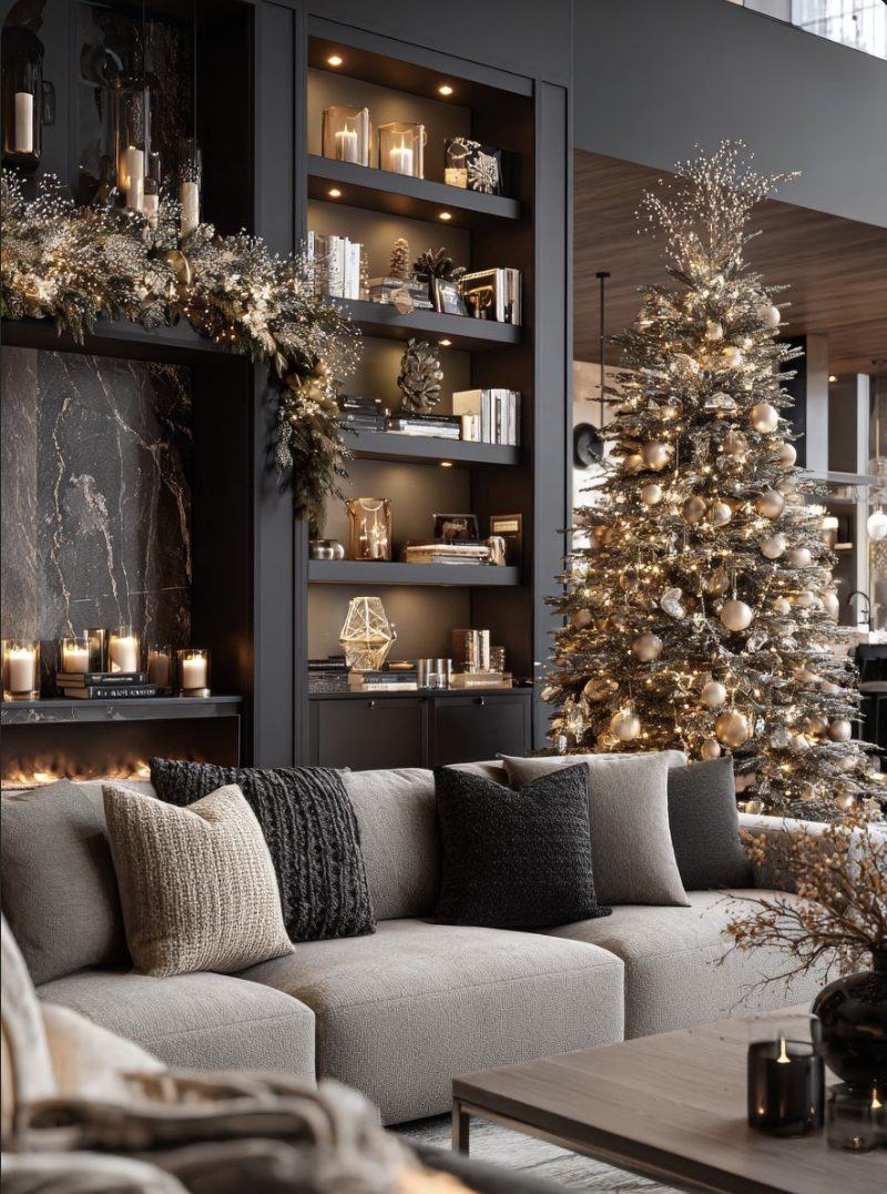A festive, beautifully decorated holiday living room