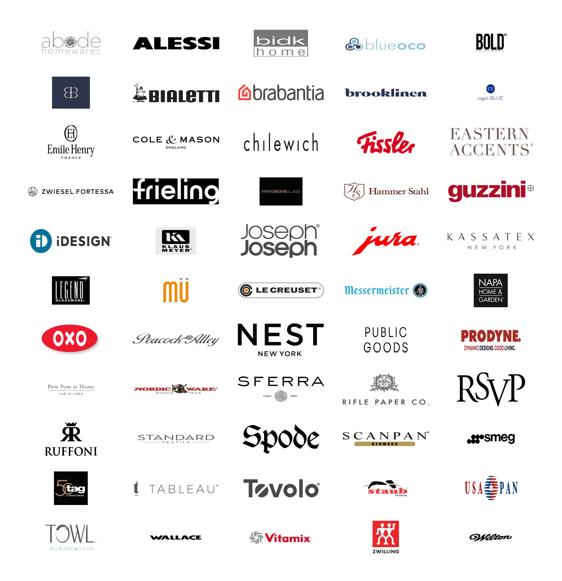 Brands we source from including Le Creuset, Vitamix, Smeg, Brooklinen, SFERRA, Staub, OXO, and more